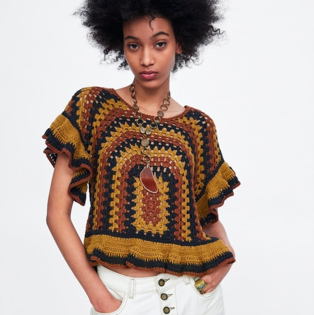 Zara Crochet Flutter Sleeve Top in Mustard Black Brown Size M